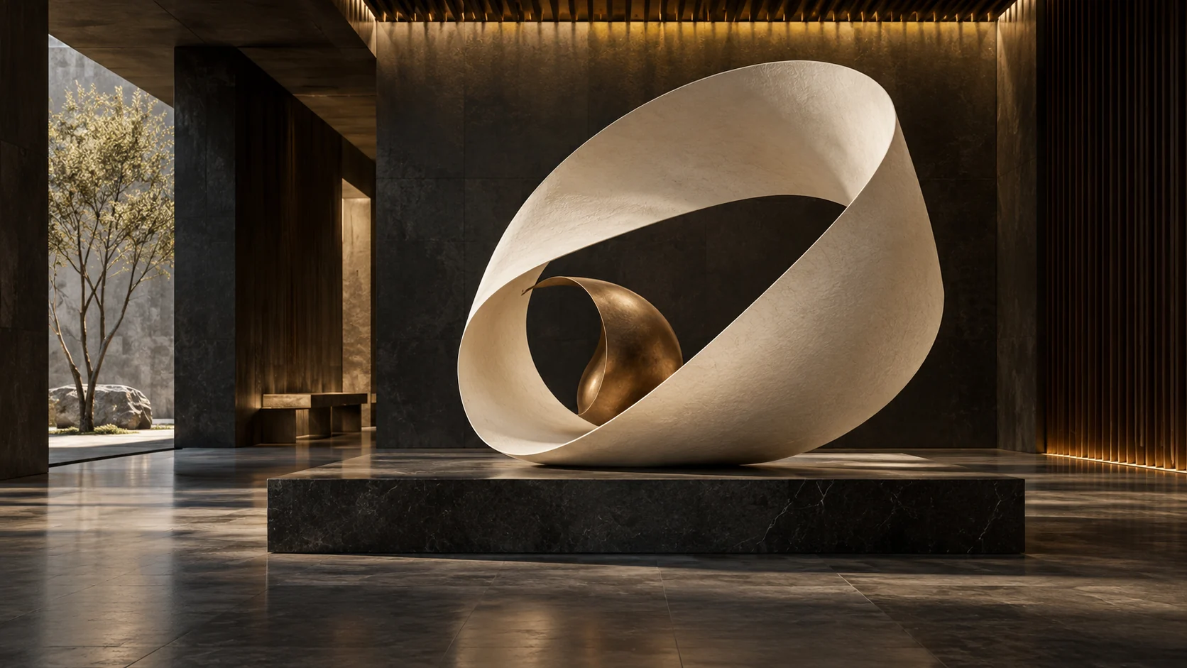 An ivory ribbon sculpture surrounding a bronze form in a warmly lit stone and timber gallery