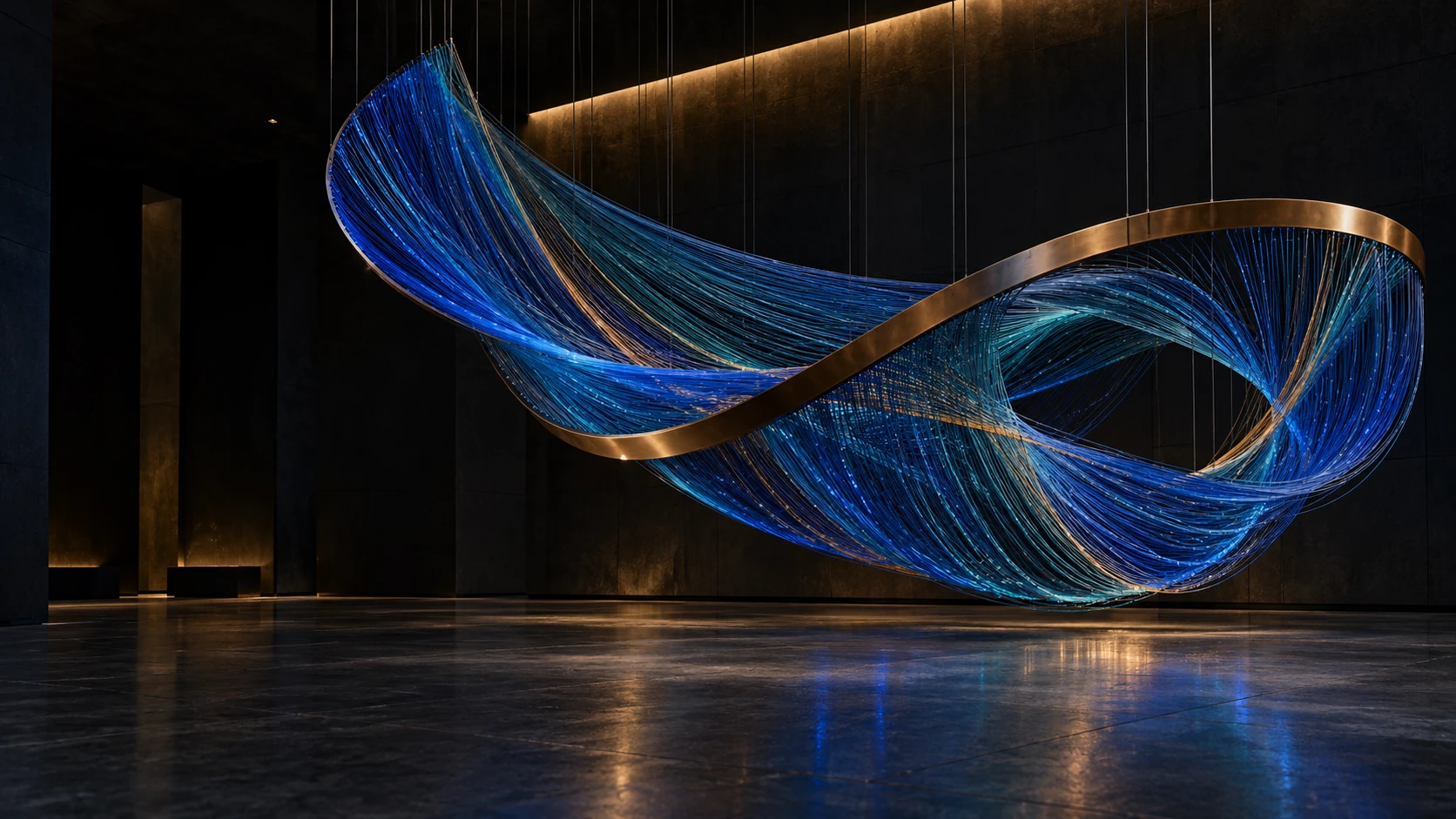 A suspended sculpture of cobalt and teal strands gathered around a bronze spine in a dark architectural gallery