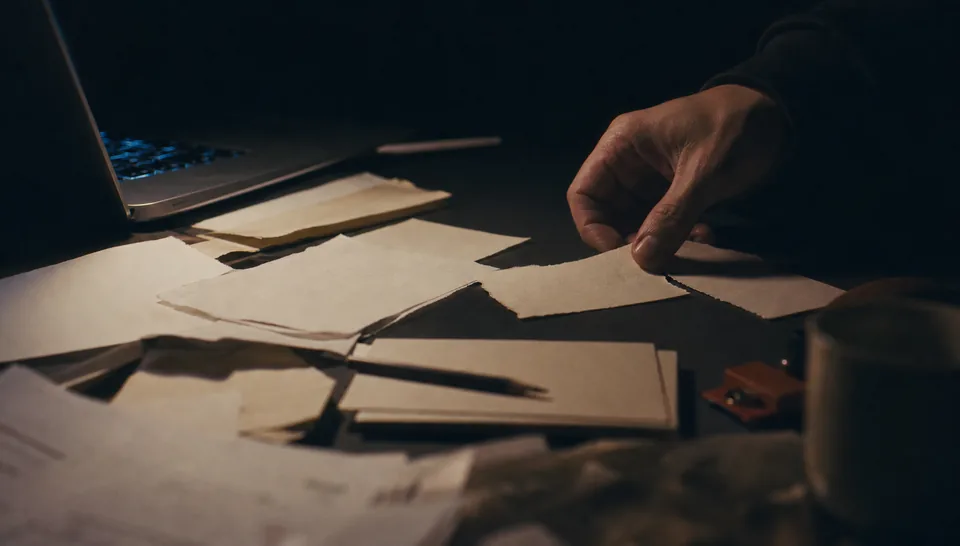 A hand aligning research fragments on a dimly lit desk after a synthesis session.