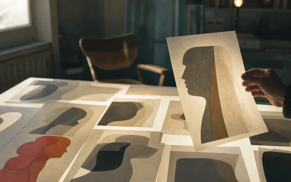 Translucent profile shapes being examined on a light table beside an empty chair.